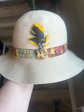 Cream Tan Women's Cloche Hat with Feather Accent 100% Wool